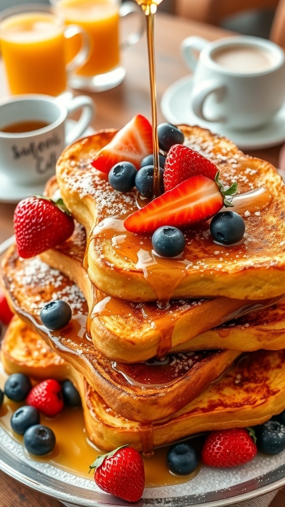A platter of French toast with strawberries and blueberries, drizzled with syrup and dusted with powdered sugar.